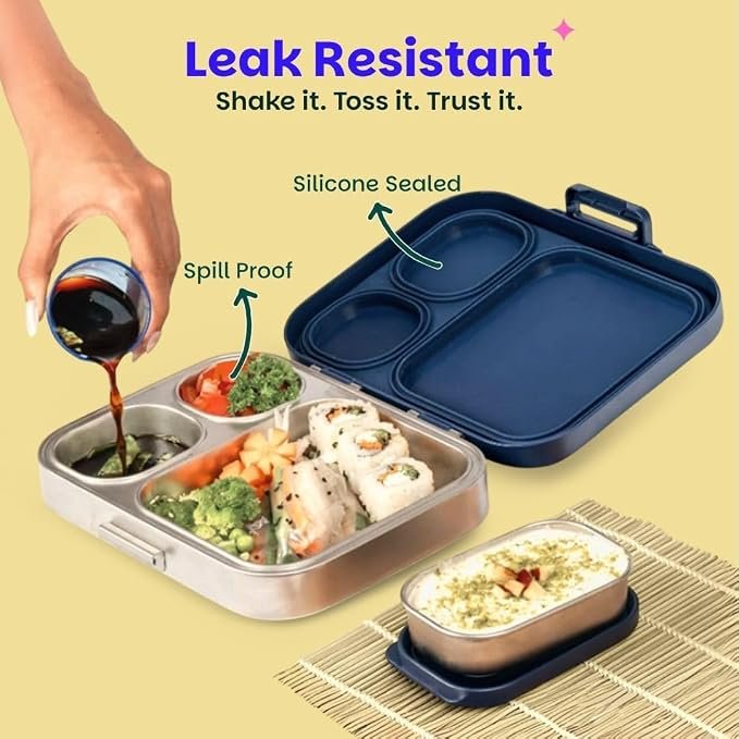Basil Bento Box Quad Plus – 3+1 Compartment Stainless Steel Lunch Box (1020ml) with BPA-Free Lid | Leak-Proof Tiffin for Kids & Adults | Premium Lunch Box for School, Office & Picnic – Indigo Zen - Image 3