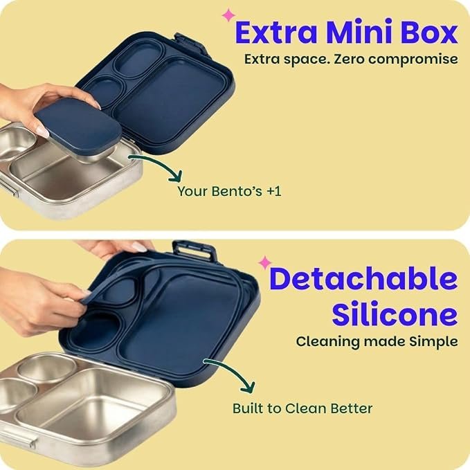 Basil Bento Box Quad Plus – 3+1 Compartment Stainless Steel Lunch Box (1020ml) with BPA-Free Lid | Leak-Proof Tiffin for Kids & Adults | Premium Lunch Box for School, Office & Picnic – Indigo Zen - Image 2
