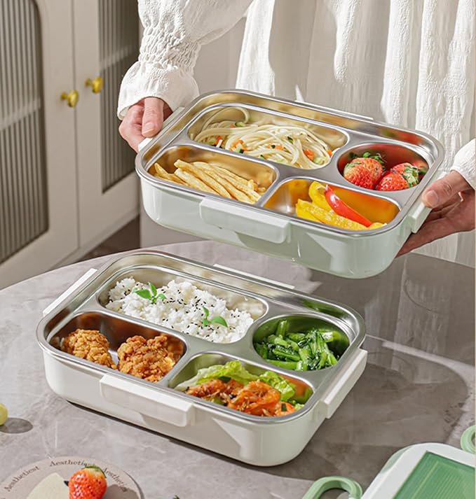 House of Quirk Stainless Steel Lunch Box | 304 Multi-Layer Bento Box with Bag, Compartments & Utensils | Leakproof, Microwave & Dishwasher Safe Food Container (Beige/Brown) - Image 3