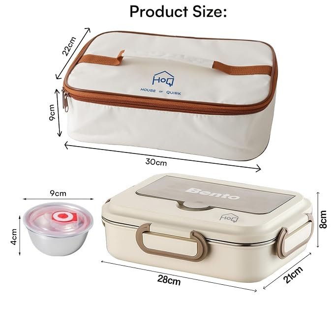 House of Quirk Stainless Steel Lunch Box | 304 Multi-Layer Bento Box with Bag, Compartments & Utensils | Leakproof, Microwave & Dishwasher Safe Food Container (Beige/Brown) - Image 2