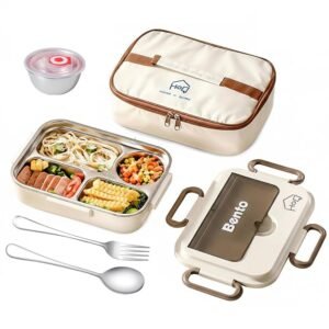 House of Quirk Stainless Steel Lunch Box | 304 Multi-Layer Bento Box with Bag, Compartments & Utensils | Leakproof, Microwave & Dishwasher Safe Food Container (Beige/Brown)