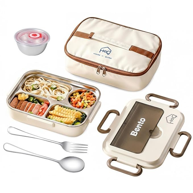 House of Quirk Stainless Steel Lunch Box | 304 Multi-Layer Bento Box with Bag, Compartments & Utensils | Leakproof, Microwave & Dishwasher Safe Food Container (Beige/Brown)