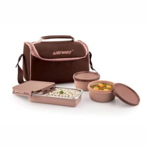 WARMEO Micro Meal Microwave Safe Lunch Box | 1 Rectangular Container 600ml + 2 Round Container 350ml Each | BPA Free I Stylish Durable Jacket I Ideal for Office,School,Outdoor, Picnic,Brown